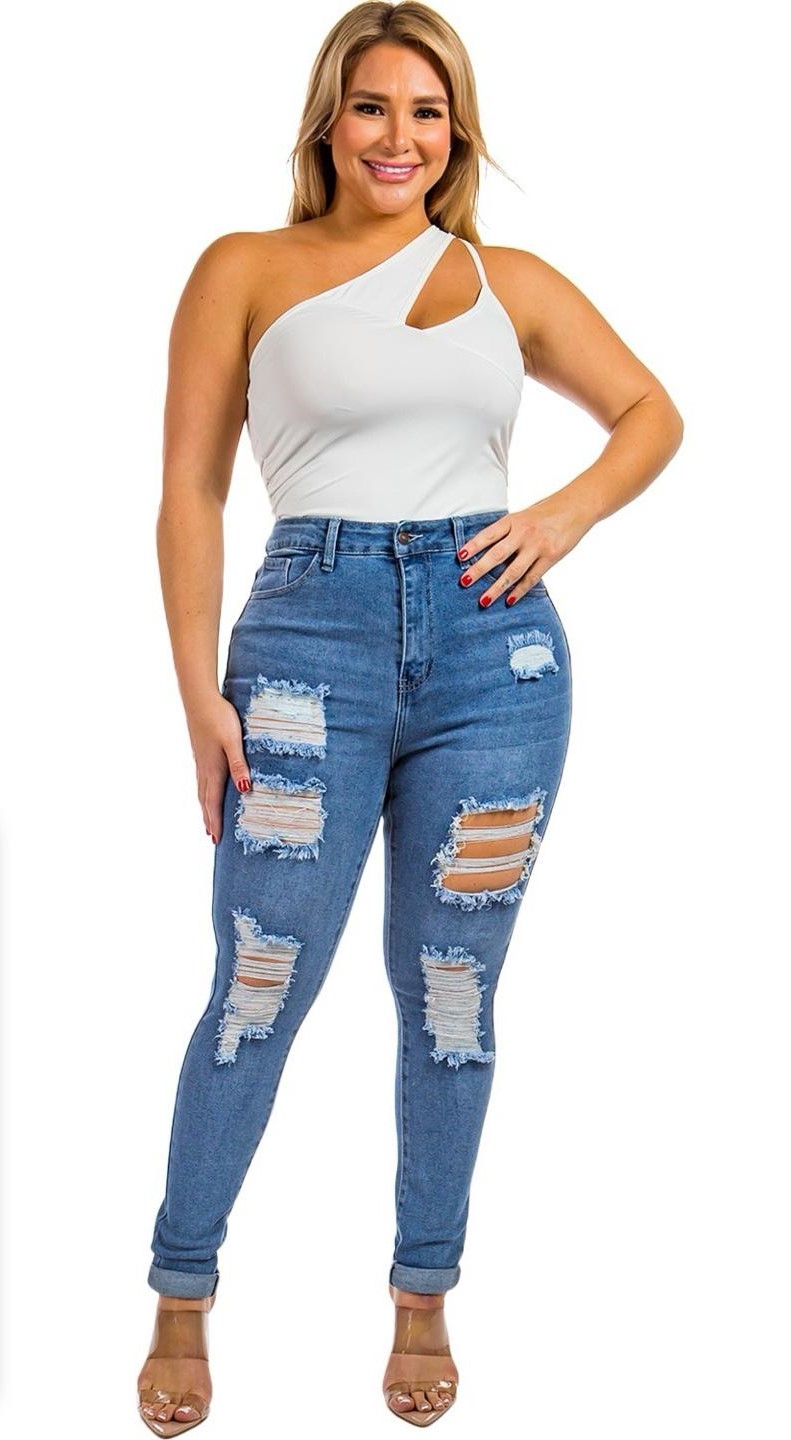 PLUS SIZE RIPPED CUFF DENIM